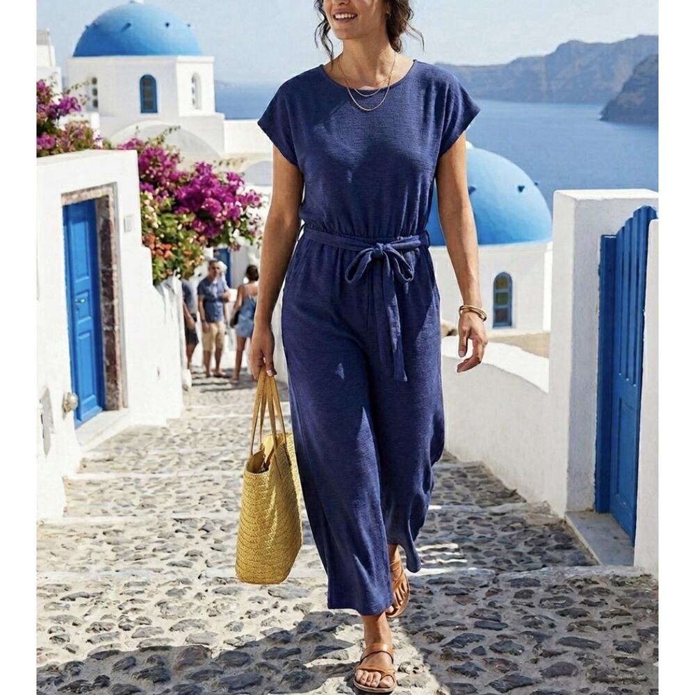 Old Navy Blue Small Wide-Leg Pockets Tie Waist Jumpsuit Resort Beach travel